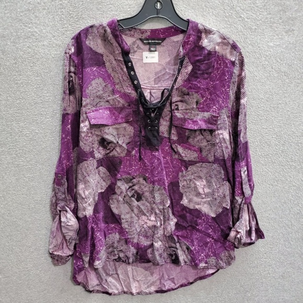 Rock & Republic Women Top Large Purple Floral Blouse Lace Up Popover Tunic